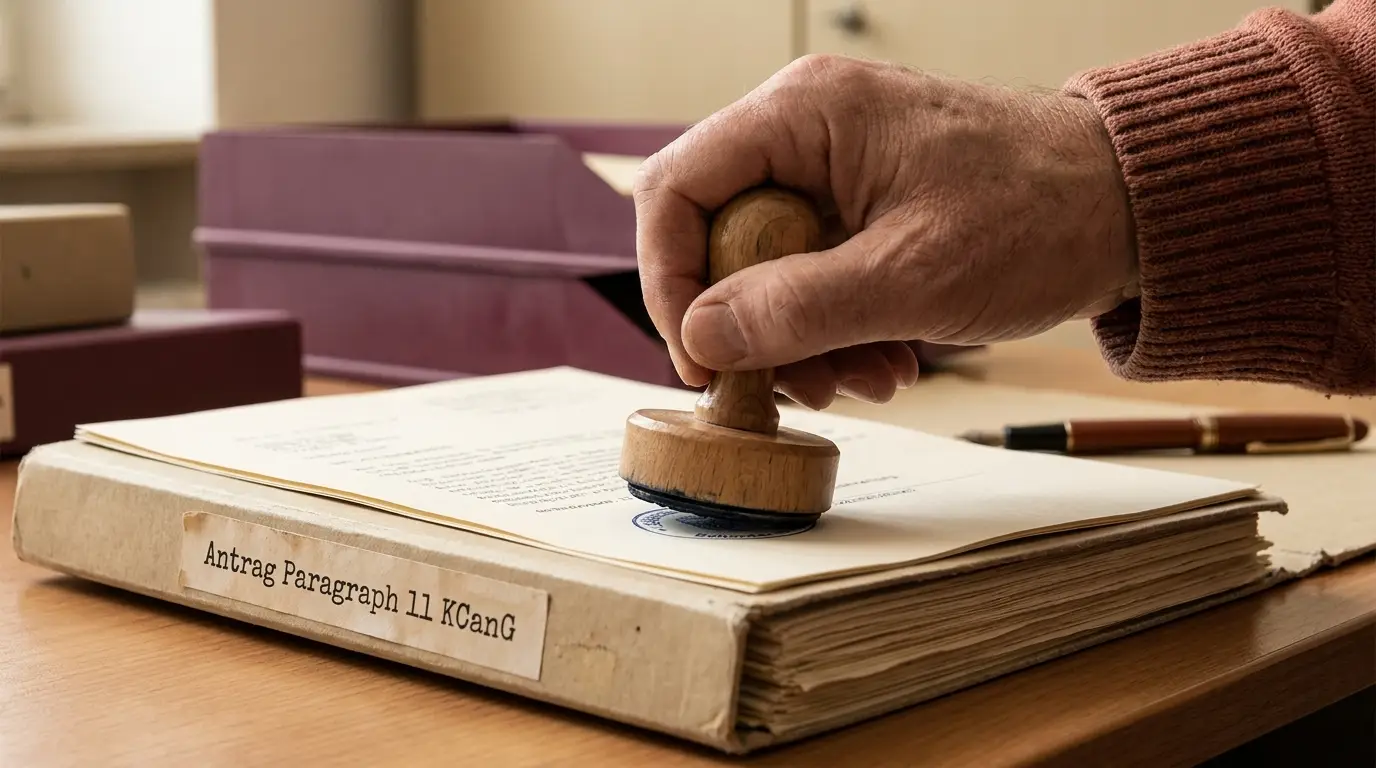 Antragsdokument mit offiziellem Stempel auf Behörden-Schreibtisch