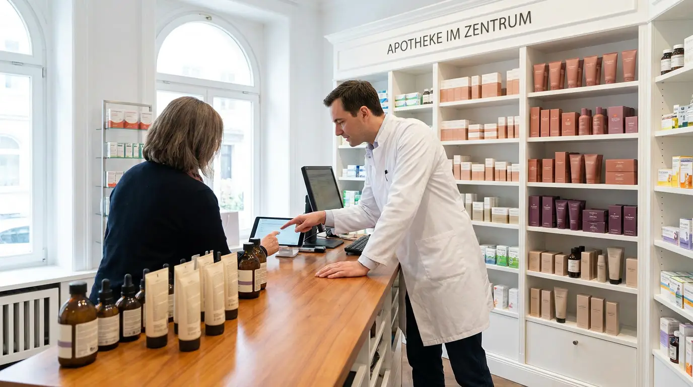 Apothekentheke mit Glasvitrine im warmen Licht, dokumentarisch ohne Produkte sichtbar
