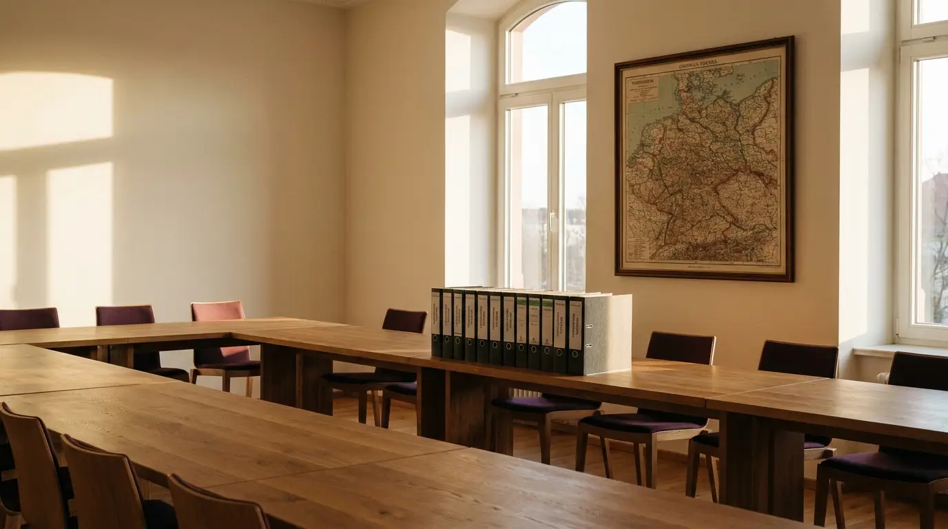 Leerer heller Vereinsraum mit langem Holztisch, Stühlen und Whiteboard, gefiltertes Tageslicht, dokumentarisch fotografiert.