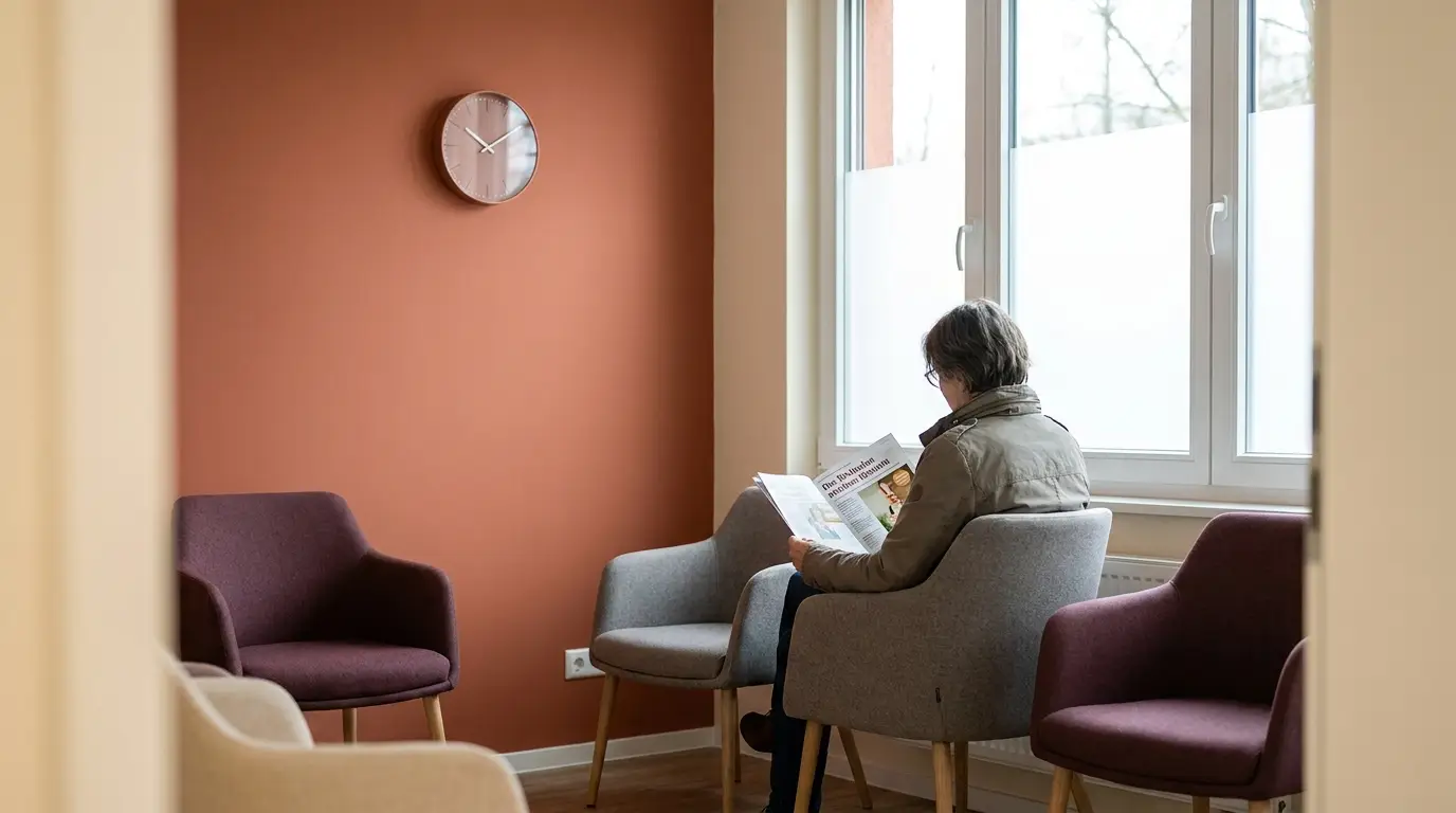 Apothekentheke aus Patientensicht, warmes Tageslicht, im Hintergrund Glasvitrinen mit beschrifteten Behältern, dokumentarische Bildsprache.