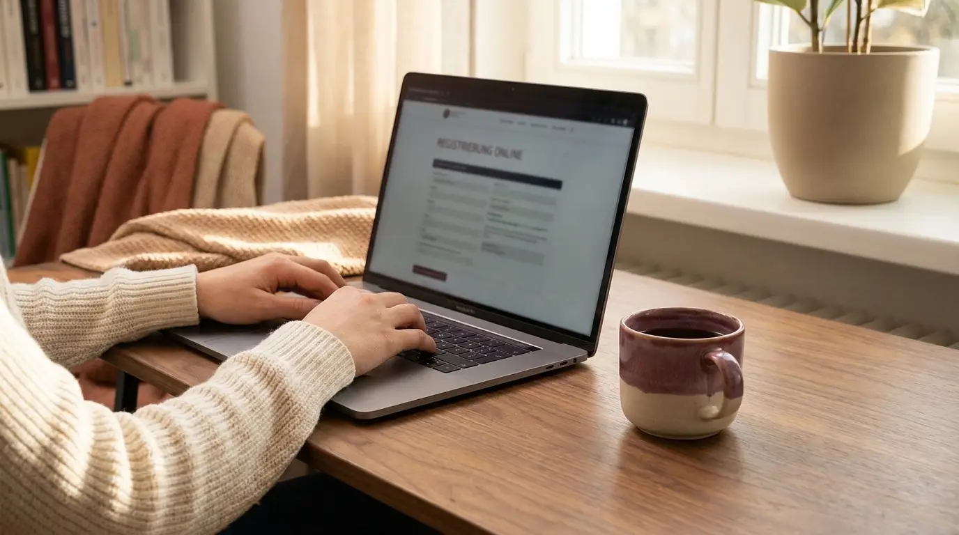 Aufgeklappter Laptop mit einem Anmeldeformular auf dem Bildschirm, Notizblock daneben