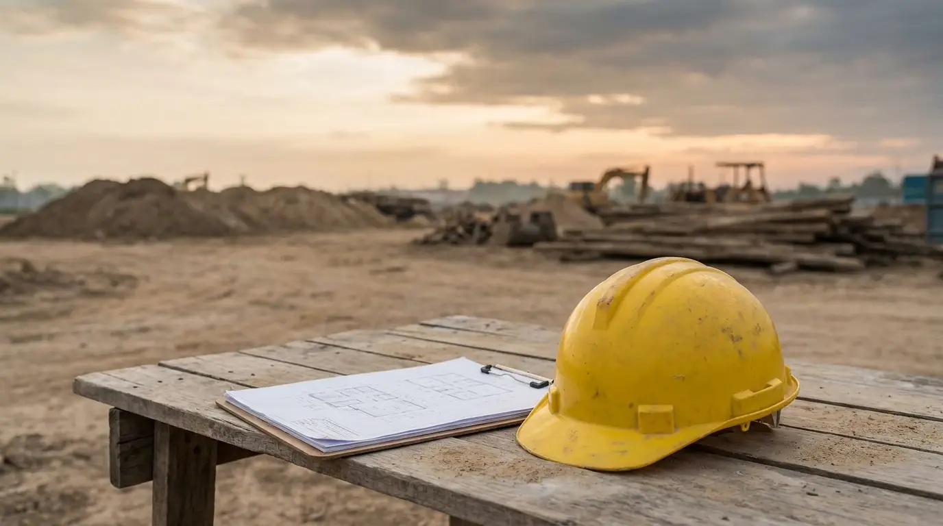 Baustellenhelm und Klemmbrett auf einem Holztisch, leere Baustelle im Hintergrund