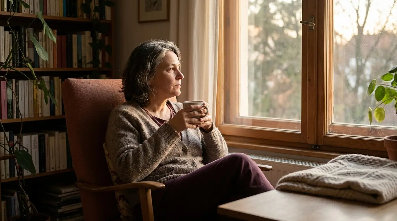 Patient sitzt entspannt auf Sofa mit Tasse Tee, warmes Tageslicht