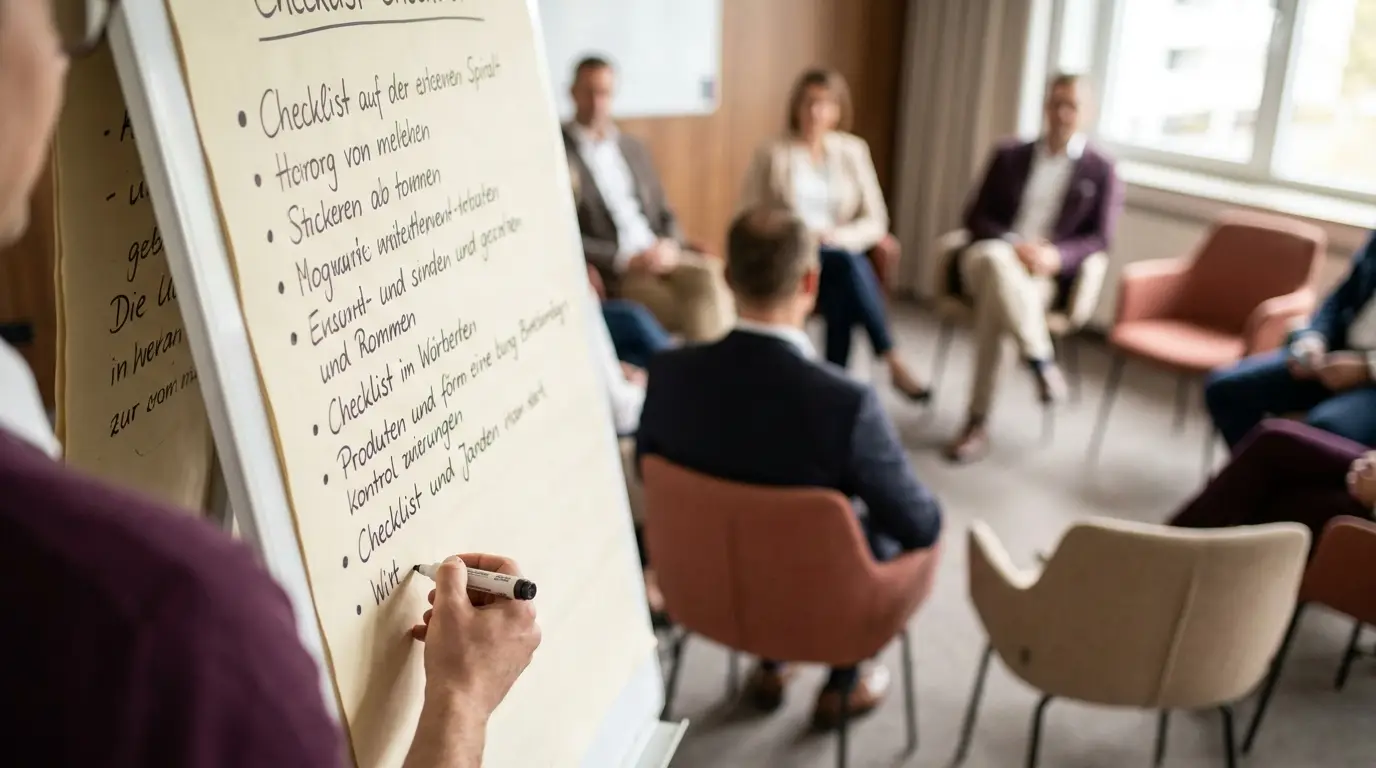 Checkliste auf Flipchart mit handschriftlichen Notizen, dokumentarisch fotografiert