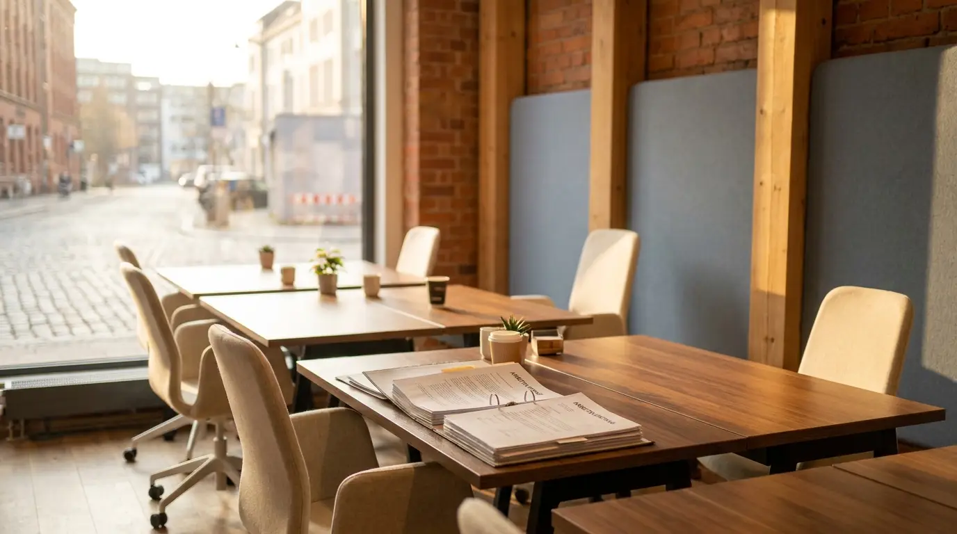 Modernes Coworking-Büro mit leeren Schreibtischen und Arbeitsverträgen zur goldenen Stunde