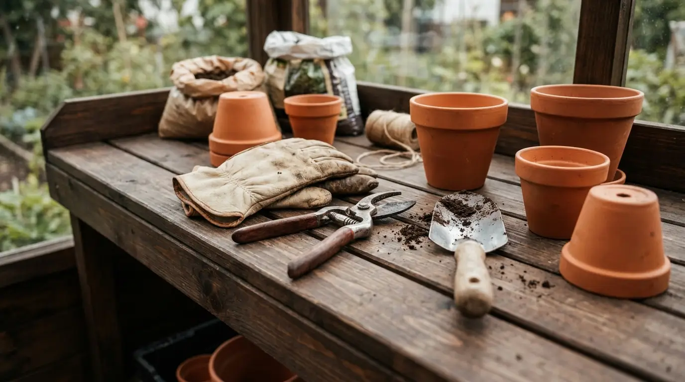 Gartenwerkzeug und leere Terracotta-Töpfe auf einer Holzbank