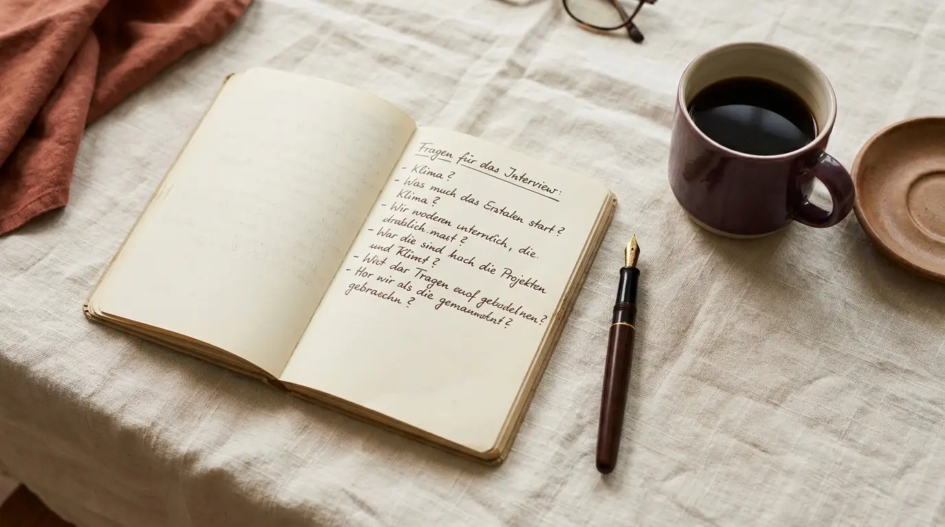 Notizblock mit Stift und Kaffeetasse auf Holztisch, Vorbereitungs-Setting