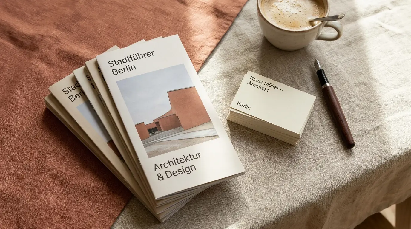 Informationsbroschüre auf einem Tisch zwischen Kaffeetasse und Notizblock, dokumentarisch