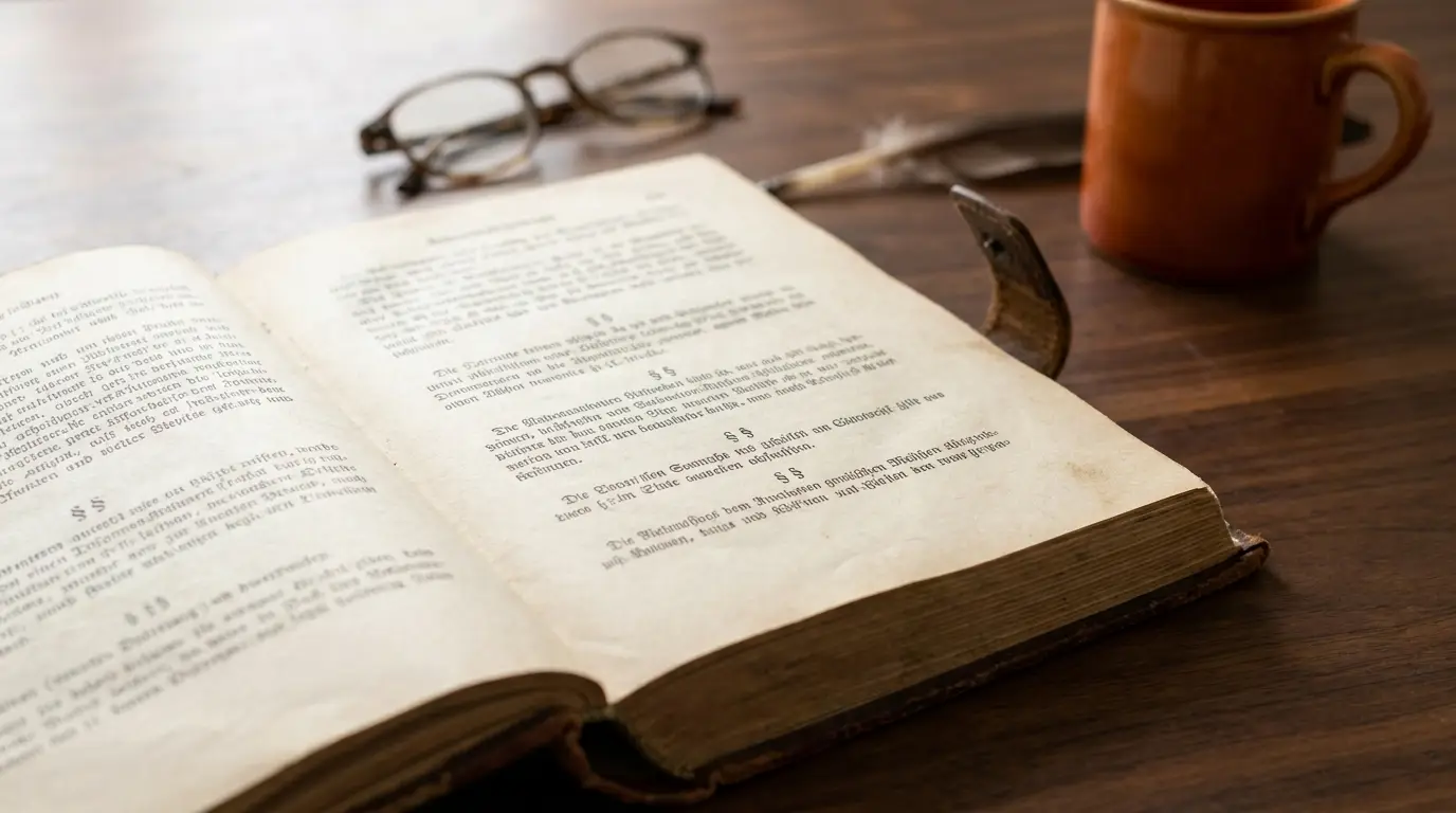 Gesetzbuch mit Paragraphensymbolen und Lesebrille auf einem Holzschreibtisch