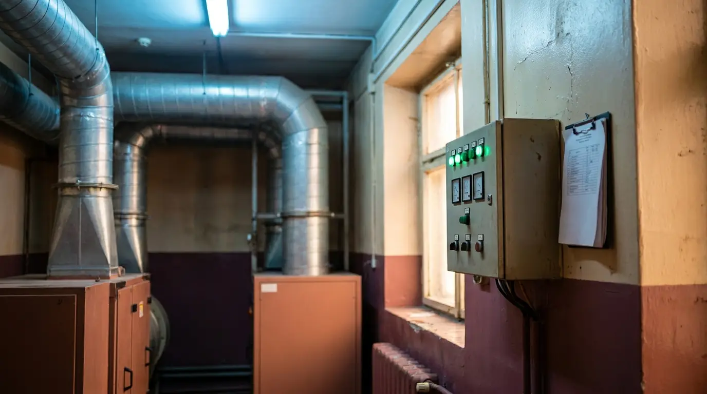 Lüftungsanlage und Technikraum mit Rohren, Schaltkästen und warmer Beleuchtung