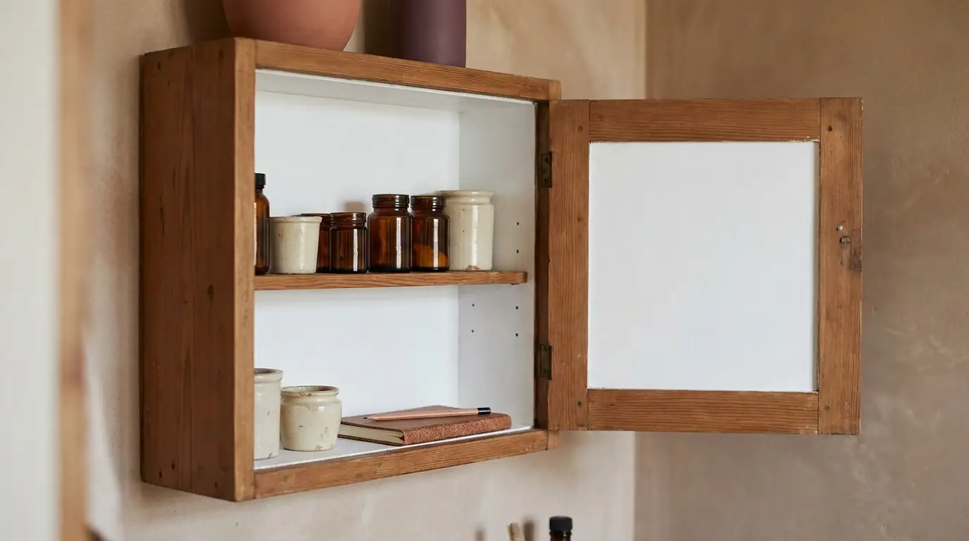 Geschlossener Medizinschrank mit Detail von Glasflaschen und Etiketten
