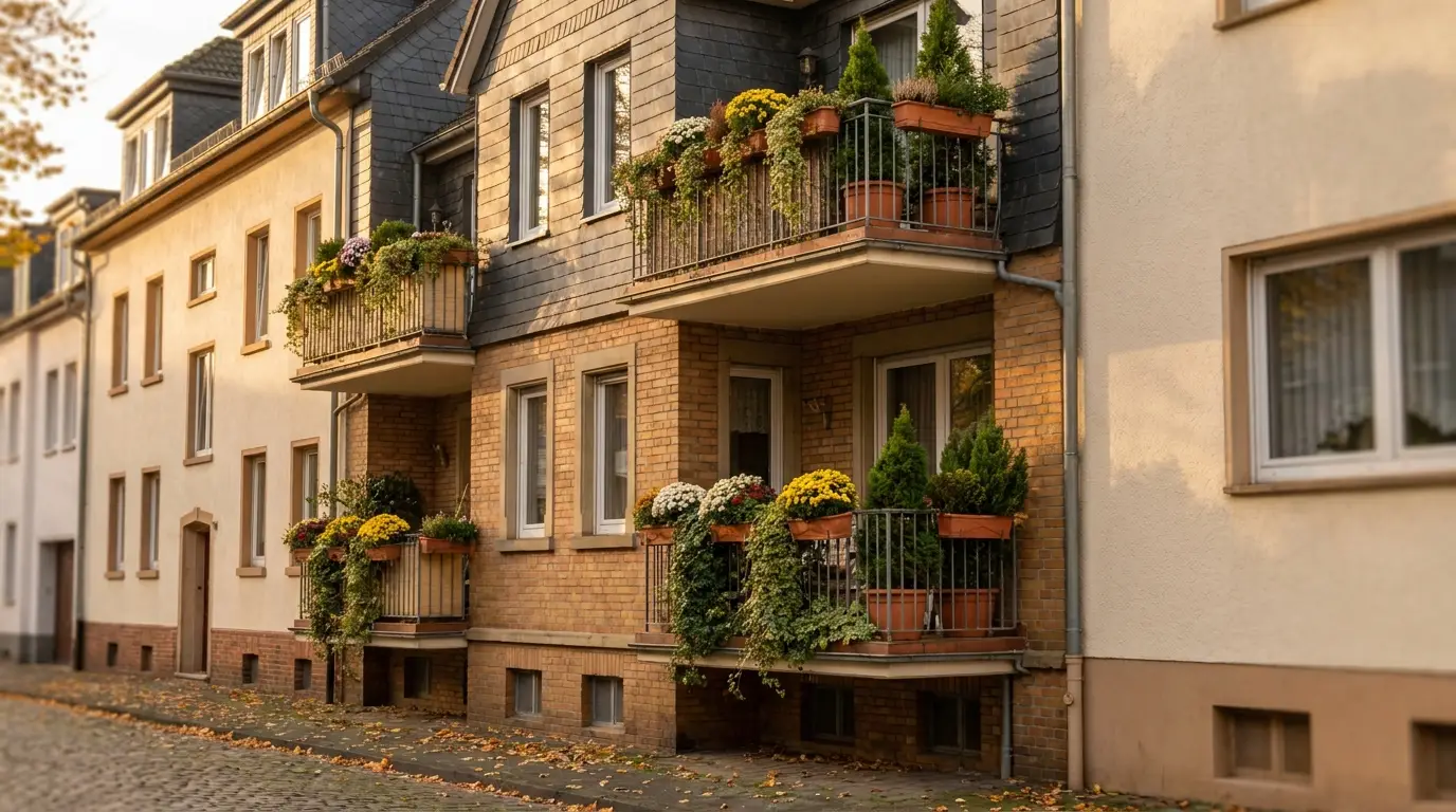 Fassade eines deutschen Mehrfamilienhauses im Herbstlicht mit bepflanzten Balkonen