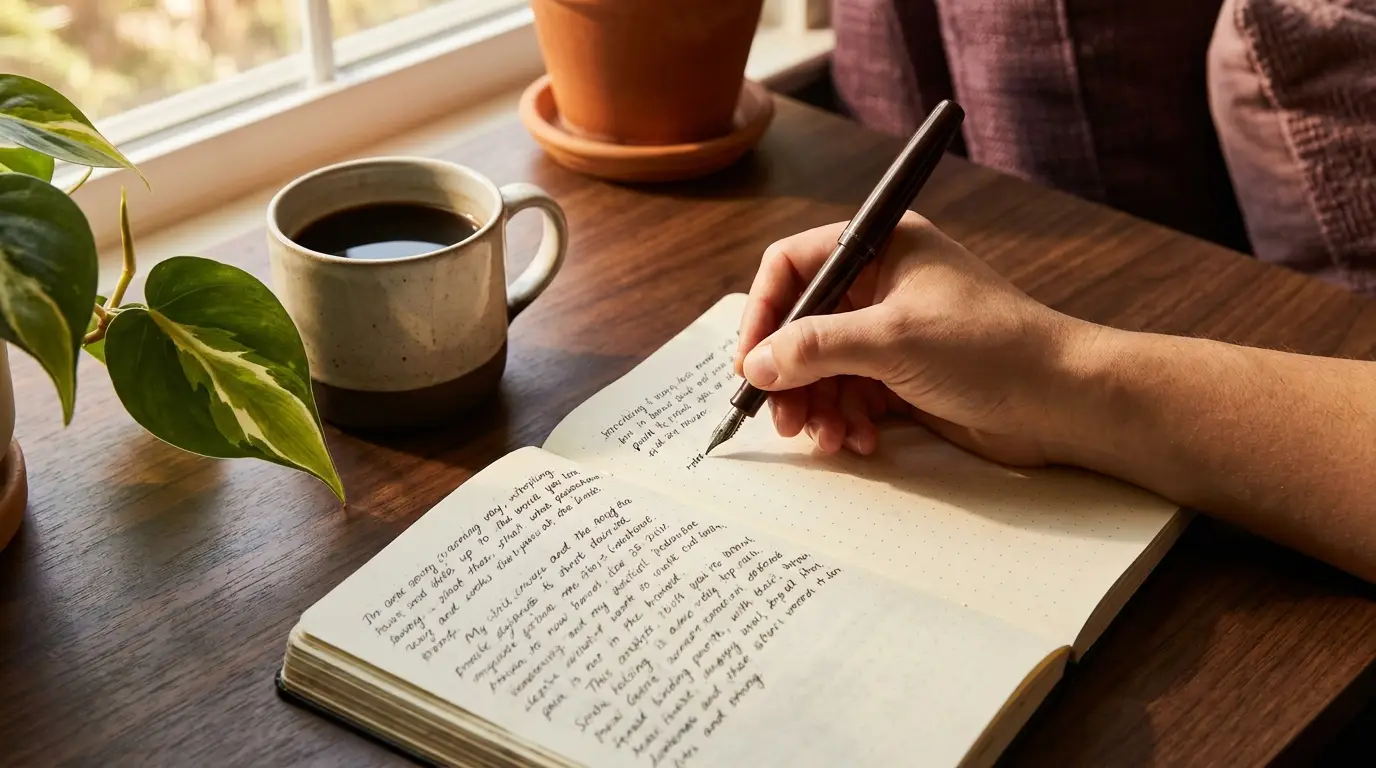 Notizbuch mit Schreibwerkzeug bei konzentrierter Arbeit