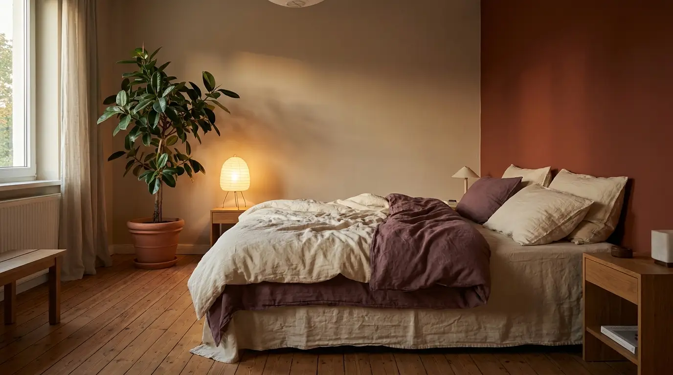 Helles Schlafzimmer mit ungemachtem Bett und warmer Decke