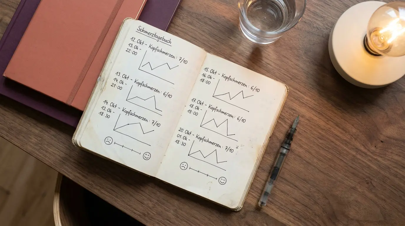 Schmerztagebuch mit Notizen und Stift auf Holztisch