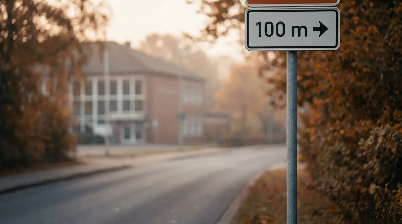 Straßenschild mit 100 Meter-Distanzmarker, Schulgebäude in der Unschärfe im Hintergrund