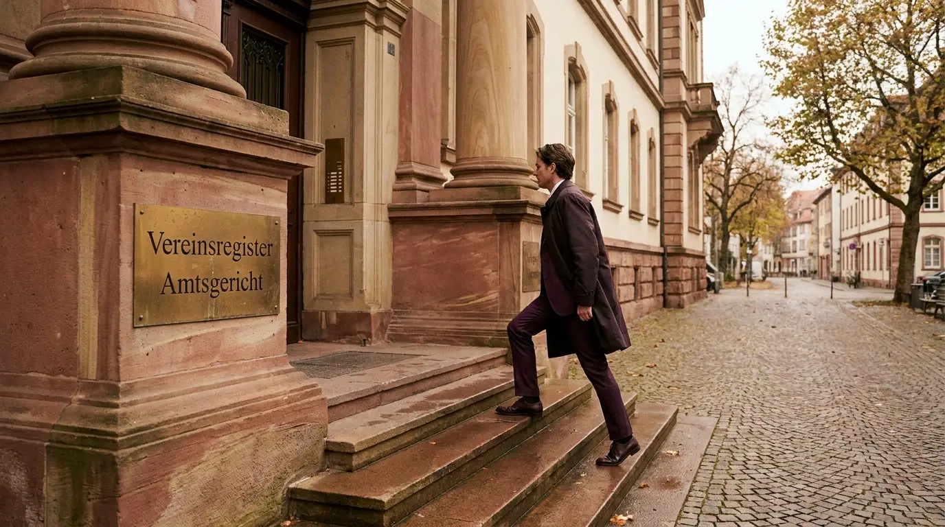 Vereinsregister-Auszug mit Stempel auf Amtsgerichts-Schreibtisch