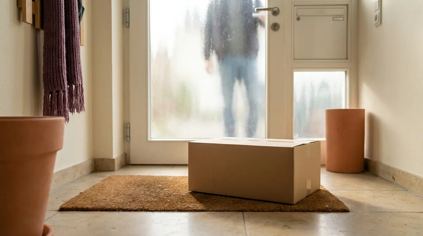 Versandapotheke-Paket auf Holztisch, dezent verpackt
