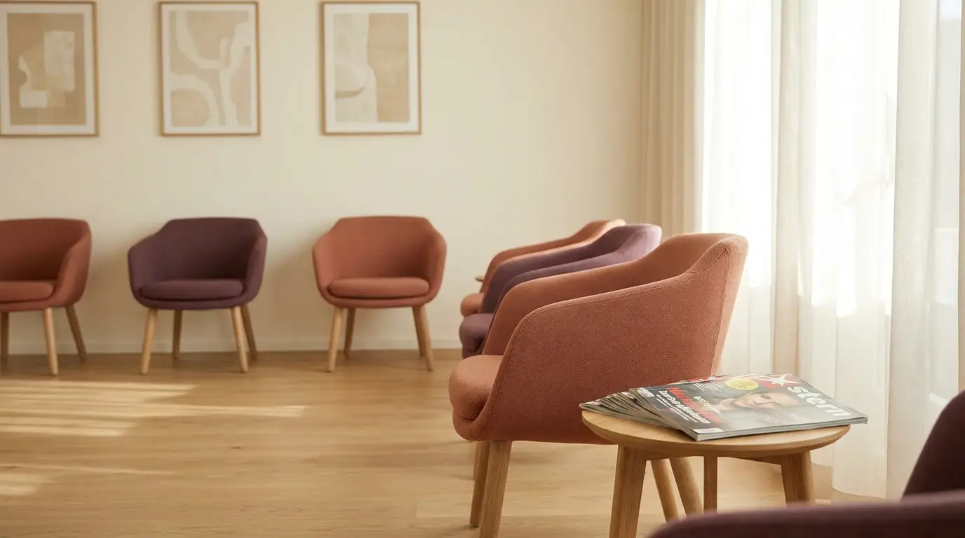 Wartezimmer einer Schmerzpraxis mit dezenter Beleuchtung